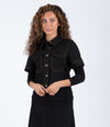 Black Short Sleeve Button Down Top With Contrast Stitching And Front Pockets