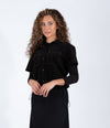 Black Short Sleeve Button Down Top With Contrast Stitching And Front Pockets