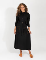 Black Midi Skirt With Belted Waist And Large Front Pockets