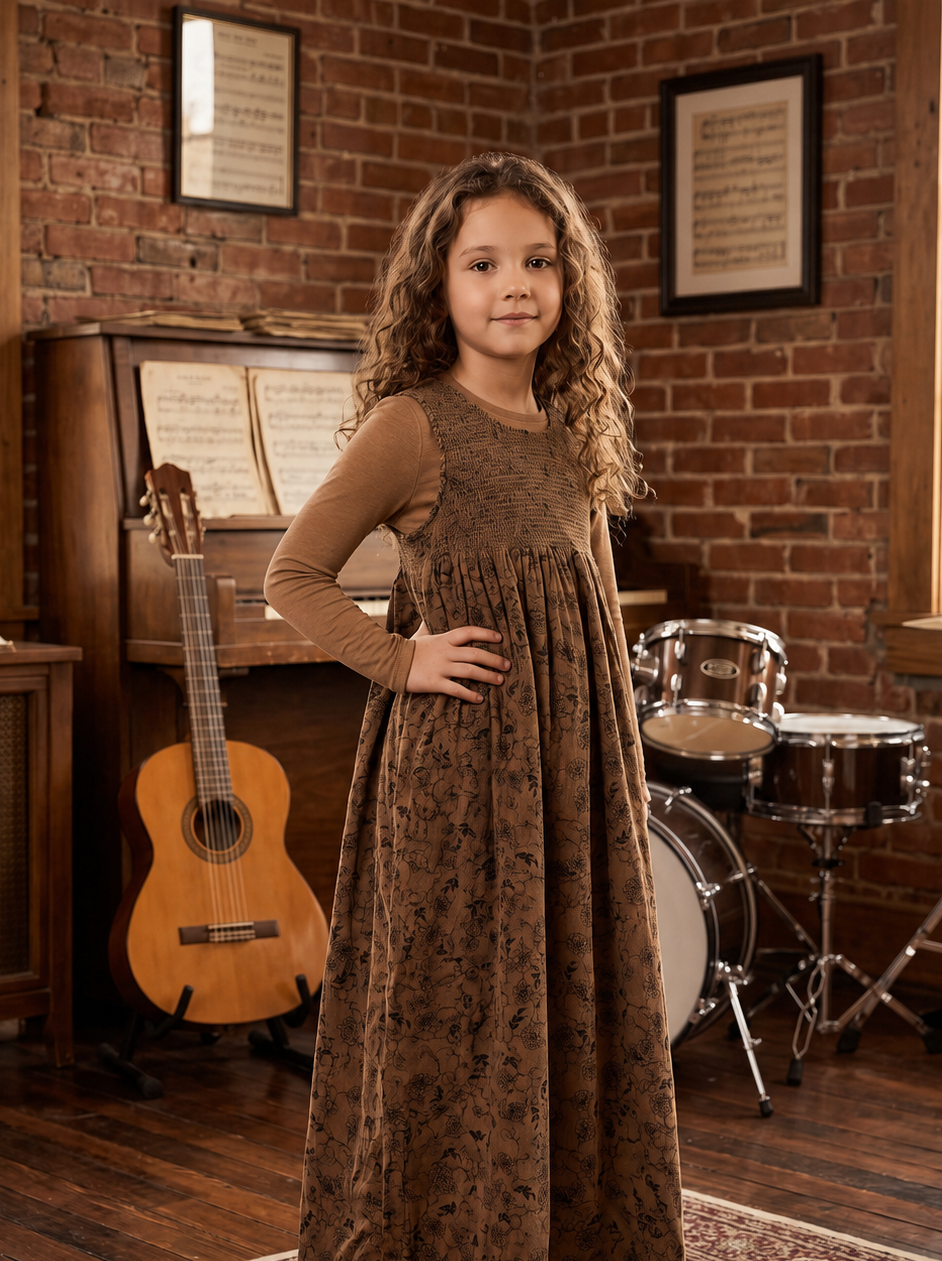 Brown Floral Smocked Maxi Jumper with Shell – 2 PC Set