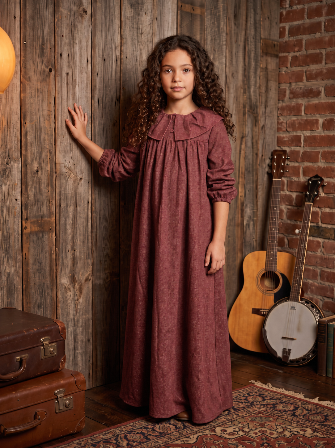 Rosewood Tweed Ruffle Collar Maxi Dress