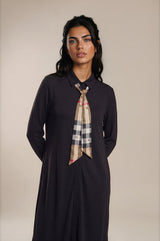 Black Plaid Tie Collar Maxi Dress