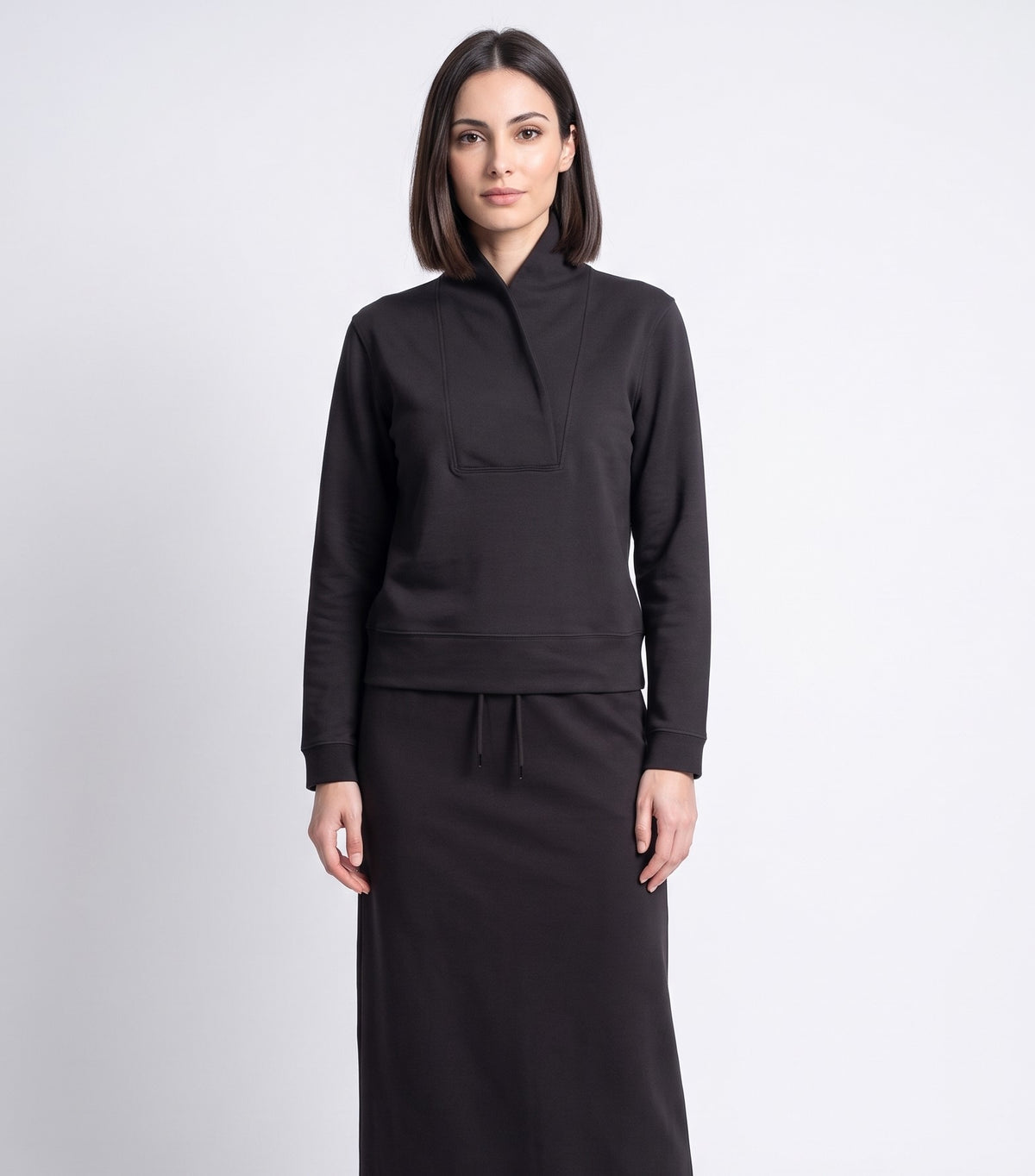 Dark shawl-neck pullover with long sleeves and front kangaroo pocket