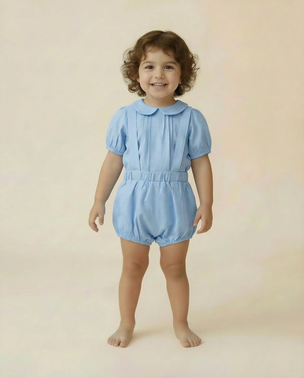 Toddler Girl Pintucked Linen Playwear Bloomer Set Light Blue