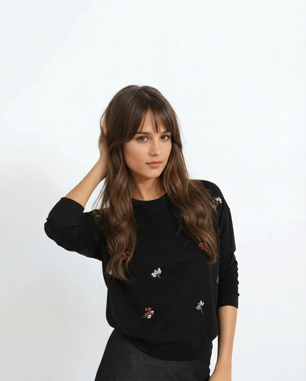 Black Embellished Floral Top