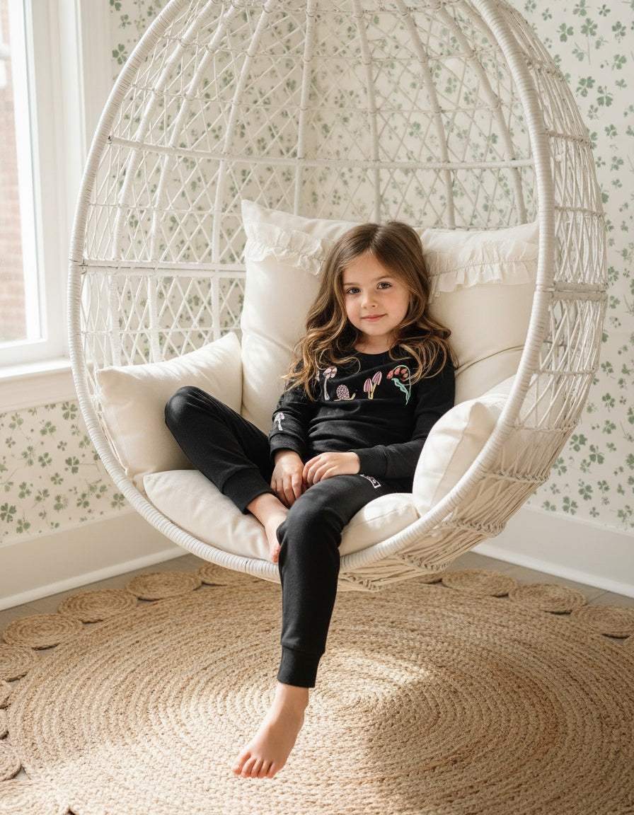Pima Cotton Mini Mushroom Girl Pajama Set Black