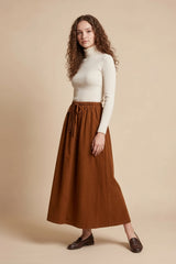 Caramel corduroy maxi skirt with drawstring waist, A-line silhouette