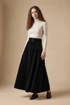 Black corduroy belted maxi skirt with buckle waist