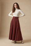 Wine corduroy belted maxi skirt with gathered waist and A-line pleats