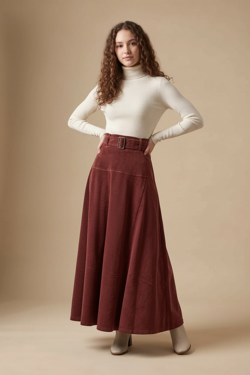 Wine corduroy belted maxi skirt with gathered waist and A-line pleats