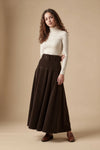 Dark chocolate-brown corduroy belted maxi skirt with gathered waist