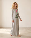 Long-sleeve gray nursing nightgown with a pink wildflower print, shown worn at full length