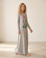 Long-sleeve gray nursing nightgown with a pink wildflower print, shown worn at full length