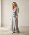 Long heather grey nightgown with a pink flower and green botanical print