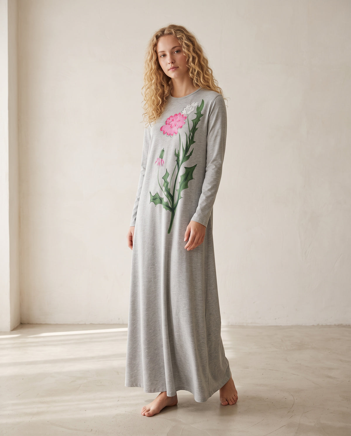 Long heather grey nightgown with a pink flower and green botanical print