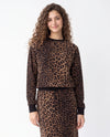 Leopard print crewneck sweatshirt in brown tones, long sleeves and ribbed cuffs