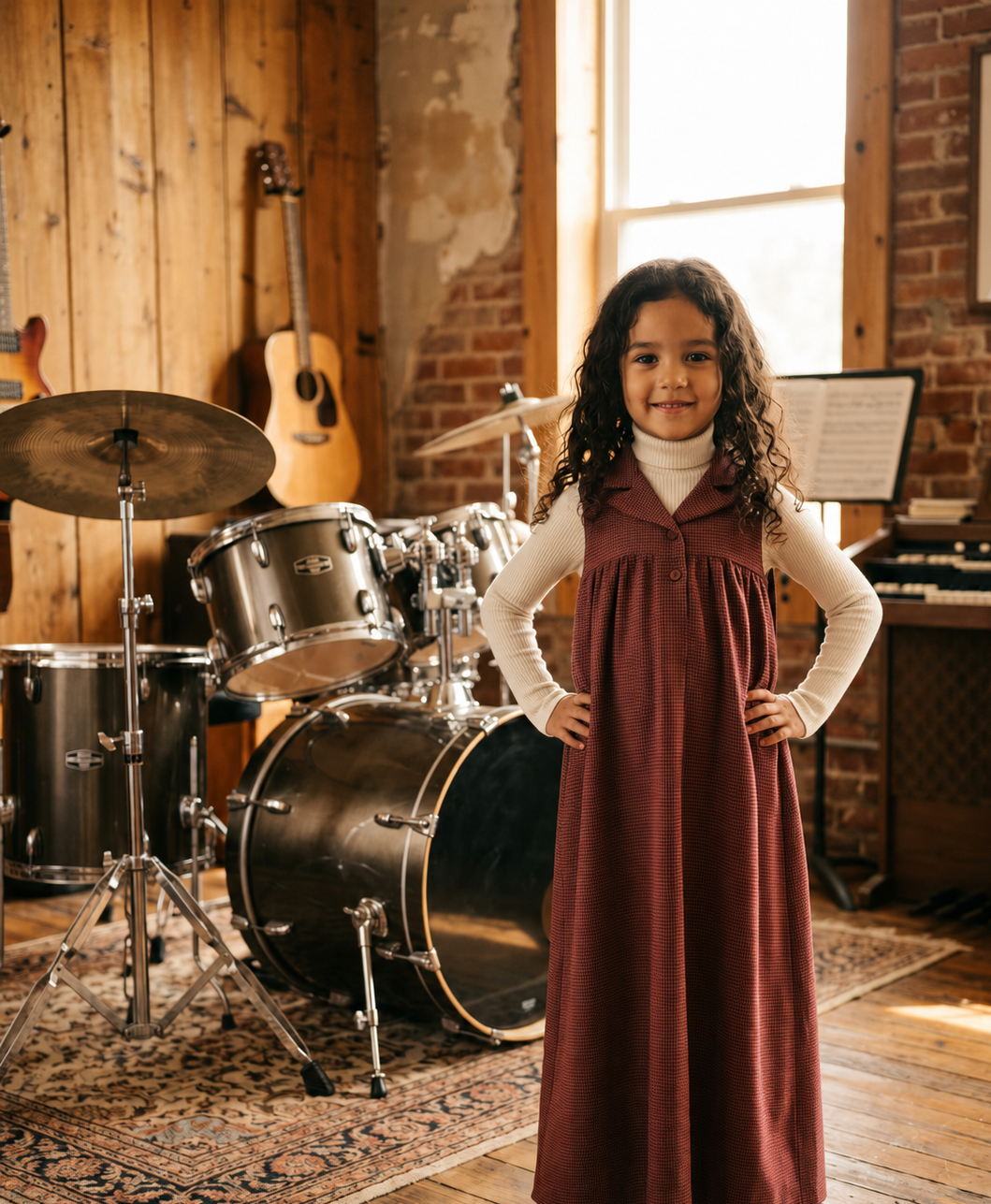 Kids' burgundysleeveless maxi dress in textured fabric features notched lapel collar, button placket , empire cut waist and back button tab.