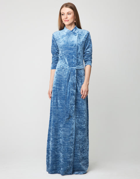 Ribbed Velvet Button Down Wrap Robe with Back Smocking and Attached Belt Soft Blue