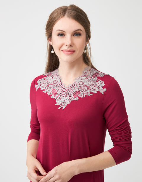 Pull On Nightgown with Gray Lace Trim Berry