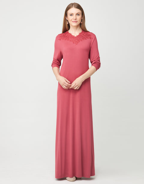 Pull On Nightgown with Contrast Tonal Lace Trim Coral