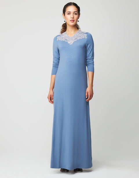 Pull On Nightgown with Contrast Lace Trim Soft Blue