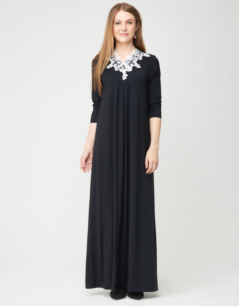 Pull On Nightgown with Contrast Vneck Lace Trim Black