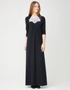 Pull On Pleated Nightgown with Lotus Lace Contrast Trim Black