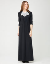 Pull On Pleated Nightgown with Lotus Lace Contrast Trim Black