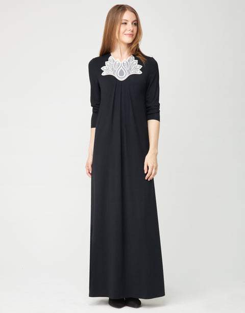 Pull On Pleated Nightgown with Lotus Lace Contrast Trim Black