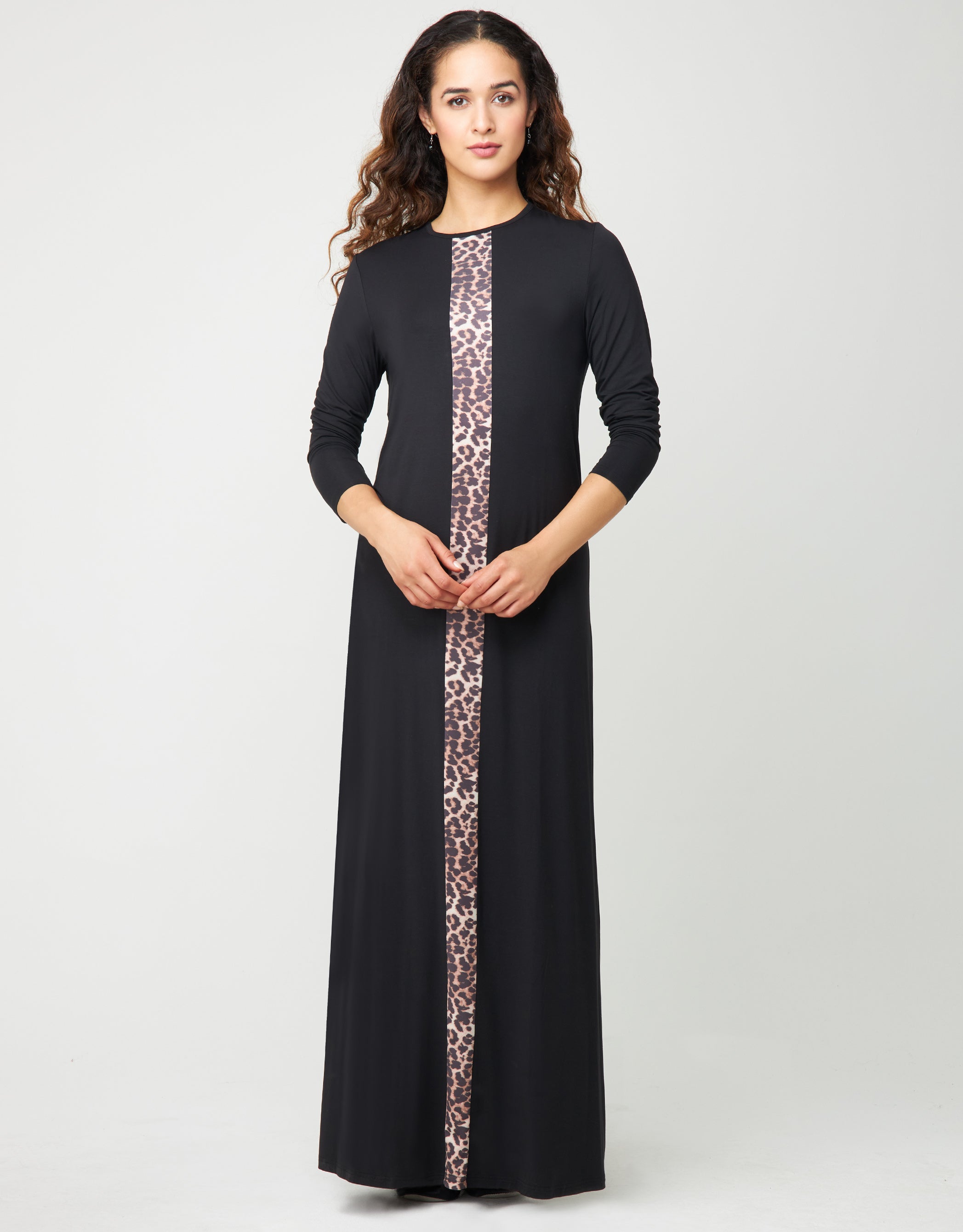 Pull On Nightgown With Animal Print Satin Stripe Black