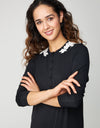 Button Front Nightgown with Lace Shoulder Appliqu?? Black