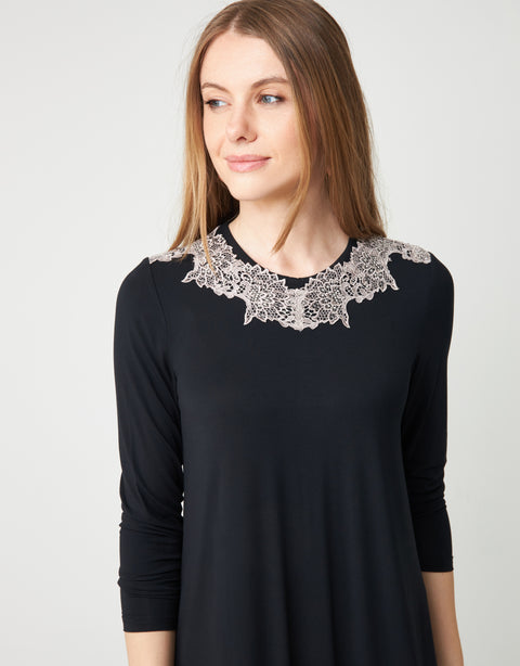 Lace Trimmed Pull On Nightgown Black Gray Lace
