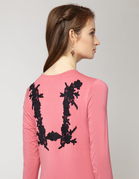 Pull On Nightgown with Contrast Lace Appliqué Pink
