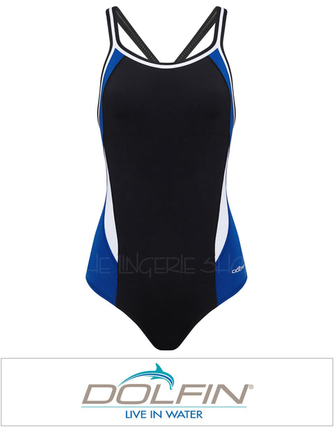 Dolphin Women's Chloroban Color Block DBX Back One Piece Swimsuit Blue