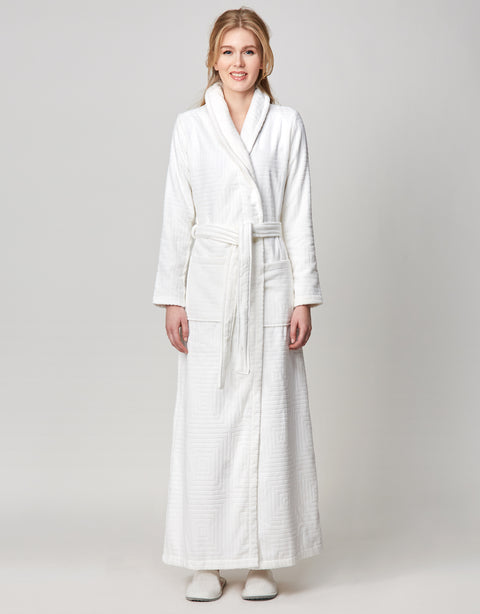 Terry Wrap Long Geometric Belted Bathrobe With Shawl Collar White