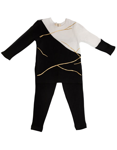 Kids Pima Cotton Gold Trimmed Colorblock Legging Playwear Set Black