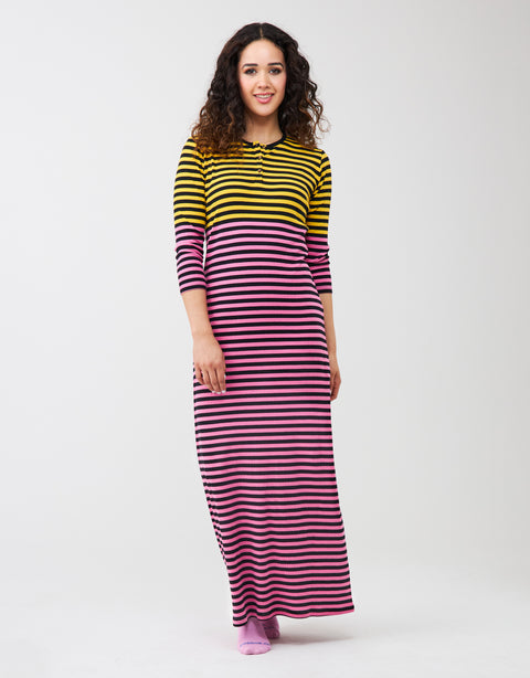 Ribbed Button Nightgown Multi Stripe Pink