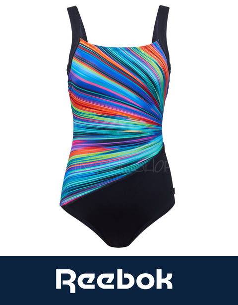 Reebok Women's Radiant Energy Swimsuit with Shelf Bra and Tummy Control Blue Multi