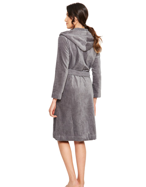 Terry Wrap Short Belted Hoodie Bathrobe with Piped Trim Gray
