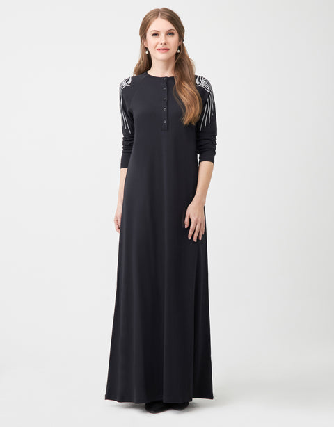 Button Front Nightgown with Sleeve Trim Black