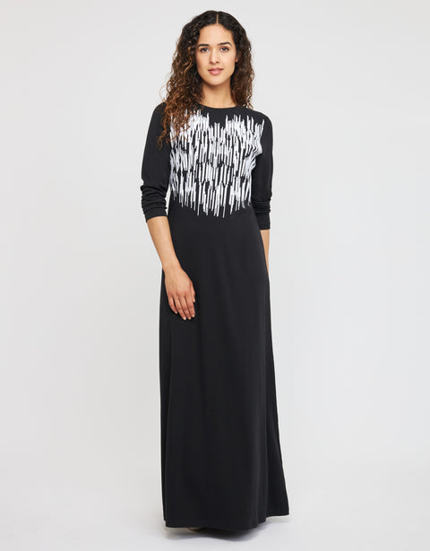 Pull On Nightgown with Vertical Flocking Motif Black White