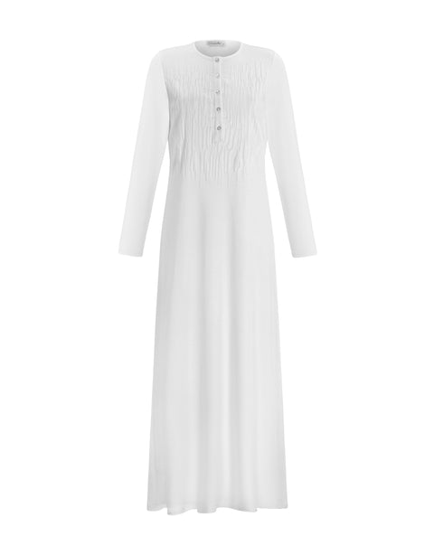 Button Nightgown with Vertical Flocking Motif White