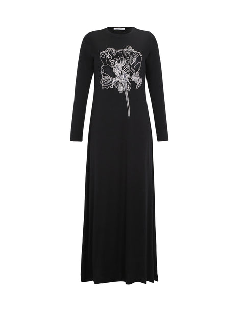 Pull On Nightgown with Floral Motif Black