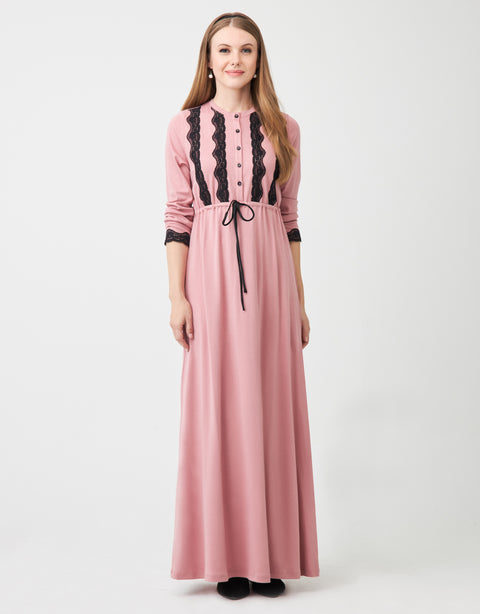 Lace Trimmed Button Nightgown with Drawstring Pink Black