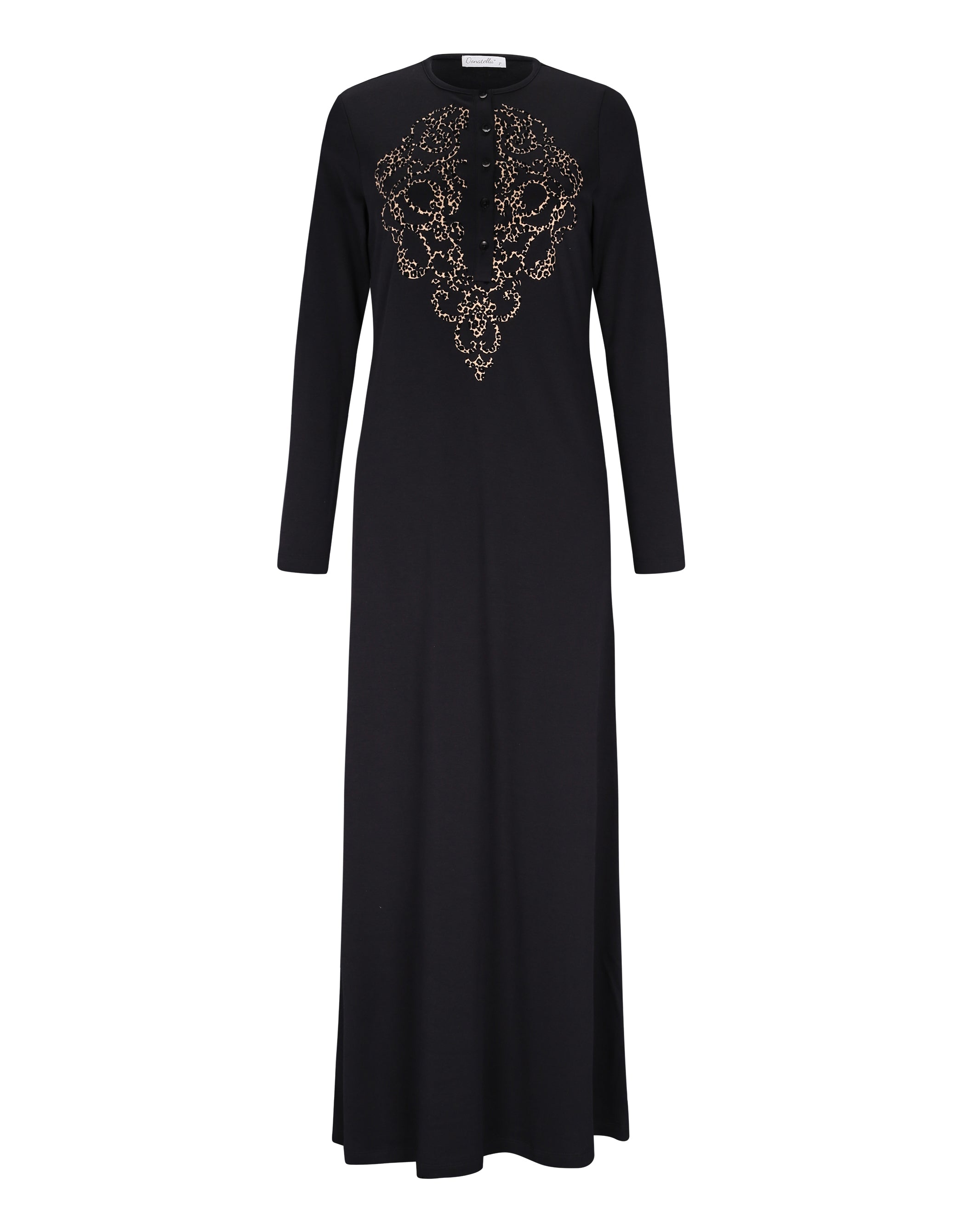 Button Nightgown with Flocked Medallion Motif Black