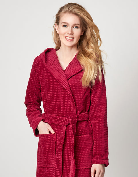 Terry Wrap Long Waffle Textured Belted Bathrobe With Hood Raspberry