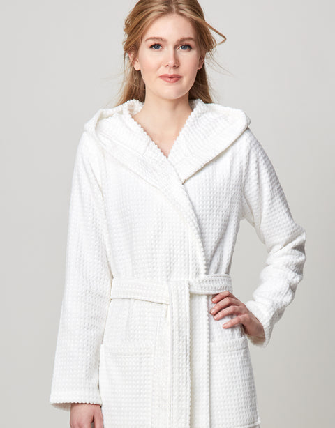 Terry Wrap Long Waffle Textured Belted Bathrobe With Hood White