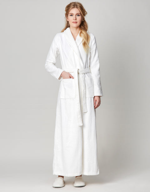 Terry Wrap Long Waffle Textured Belted Bathrobe With Shawl Collar White